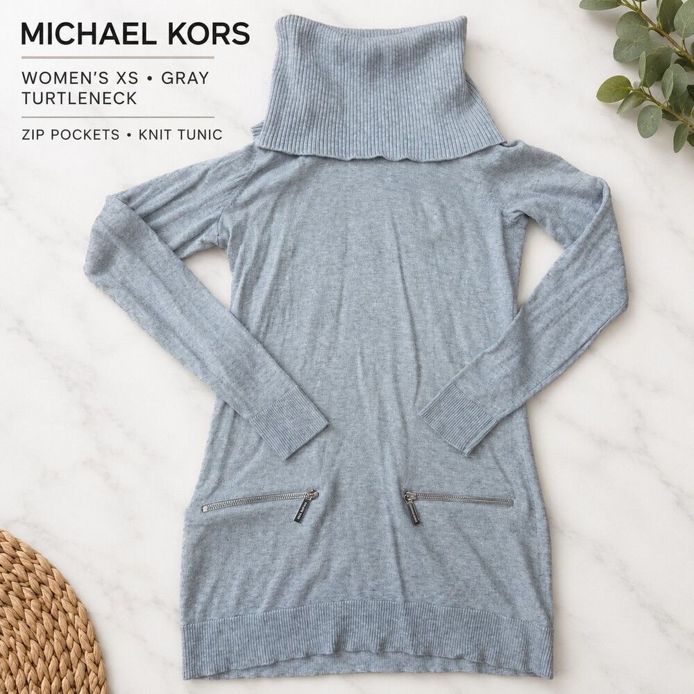Michael Kors Women's Gray Turtleneck Sweater XS Knit Zip Pockets Tunic